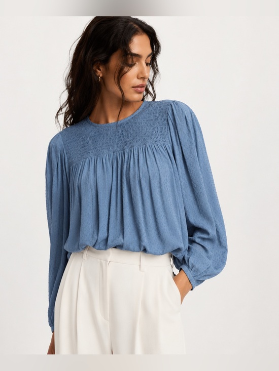 Little Moon Tops - NWT Aritzia Little Moon Solarium Swiss Dot Smocked Blouse NWT Blueprint Blue L